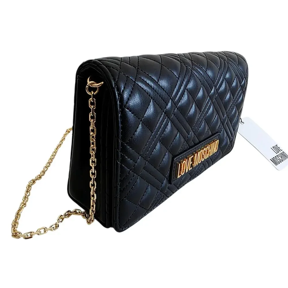 Love Moschino Black & Gold Quilted Faux Leather Clutch Crossbody Bag Chain Strap